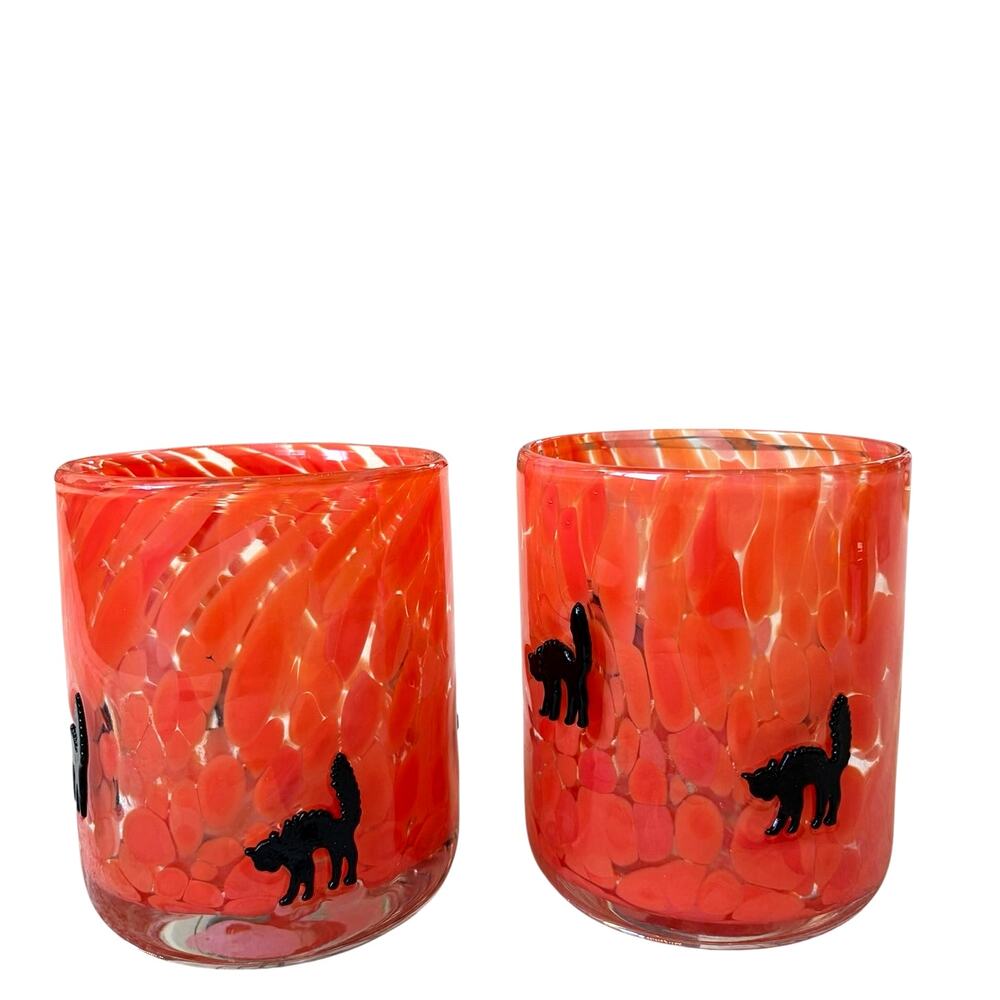 Halloween Icon BLACK CAT Inlay Double Old Fashioned Glasses et of 2 Orange NEW